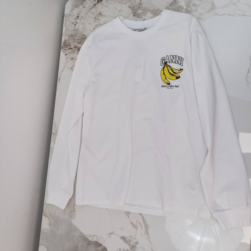Ganni White Long Sleeve with Banana Print